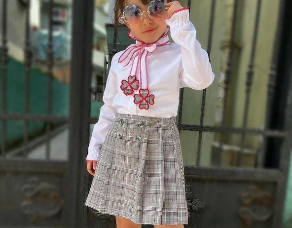 MODAVALS EKOSE KARDEŞ KOMBİN FIRFIR GÖMLEKLİ PAPATYA NAKIŞLI PİLELİ KIZ ÇOCUK ETEKLİ TAKIM - BORDO - 5