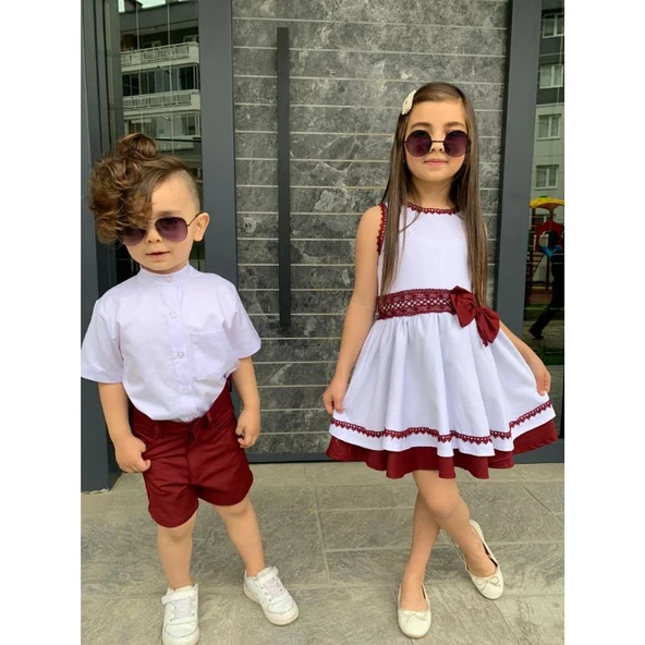 MODAVALS KARDEŞ KOMBİN KETEN ŞORTLU ERKEK ÇOCUK TAKIM - BORDO - 7