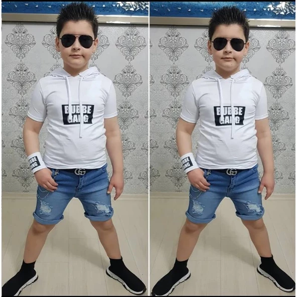 MODAVALS KAPİŞONLU SWEAT BİLEKLİK ZİNCİR AKSESUARLI 4 PARÇA ERKEK ÇOCUK KOT ŞORT KOMBİN - BEYAZ - 2