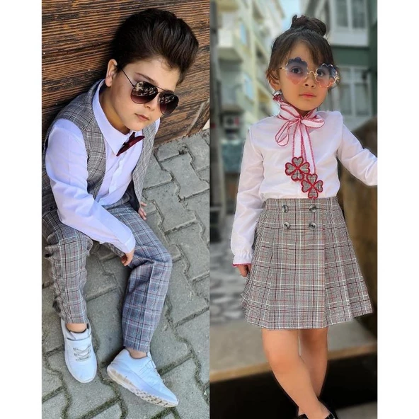 MODAVALS EKOSE KARDEŞ KOMBİN FIRFIR GÖMLEKLİ PAPATYA NAKIŞLI PİLELİ KIZ ÇOCUK ETEKLİ TAKIM - BORDO - 9