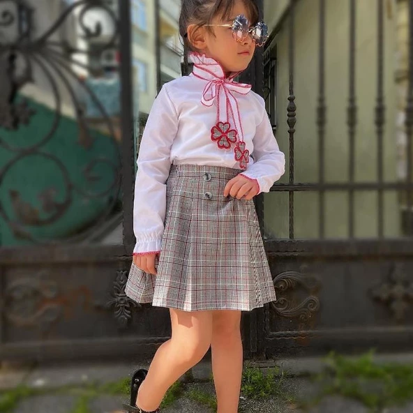 MODAVALS EKOSE KARDEŞ KOMBİN FIRFIR GÖMLEKLİ PAPATYA NAKIŞLI PİLELİ KIZ ÇOCUK ETEKLİ TAKIM - BORDO - 3