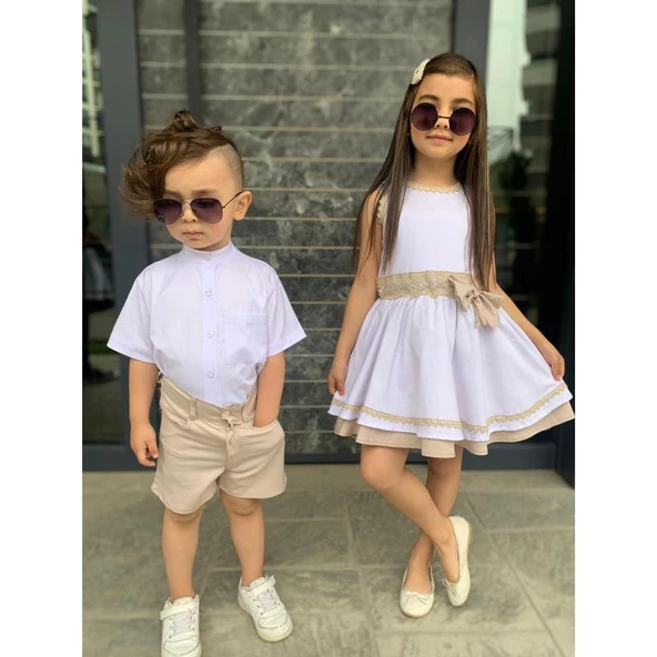 MODAVALS KARDEŞ KOMBİN KETEN ŞORTLU ERKEK ÇOCUK TAKIM - KREM - 4