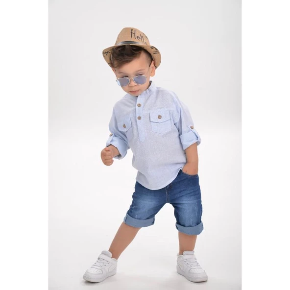 MODAVALS HASIR ŞAPKALI KETEN GÖMLEKLİ KOT KAPRİLİ ERKEK ÇOCUK KOT KOMBİN - MAVİ - 2