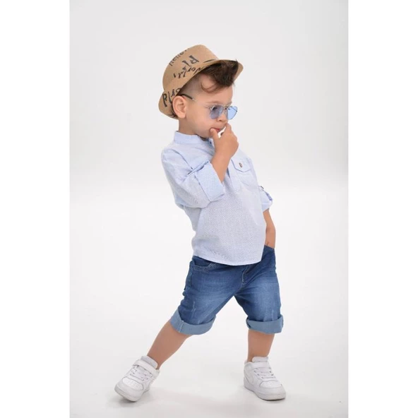 MODAVALS HASIR ŞAPKALI KETEN GÖMLEKLİ KOT KAPRİLİ ERKEK ÇOCUK KOT KOMBİN - MAVİ - 4