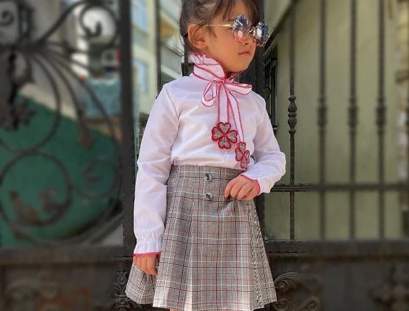 MODAVALS EKOSE KARDEŞ KOMBİN FIRFIR GÖMLEKLİ PAPATYA NAKIŞLI PİLELİ KIZ ÇOCUK ETEKLİ TAKIM - BORDO - 6