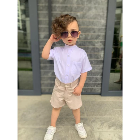 MODAVALS KARDEŞ KOMBİN KETEN ŞORTLU ERKEK ÇOCUK TAKIM - KREM - 2