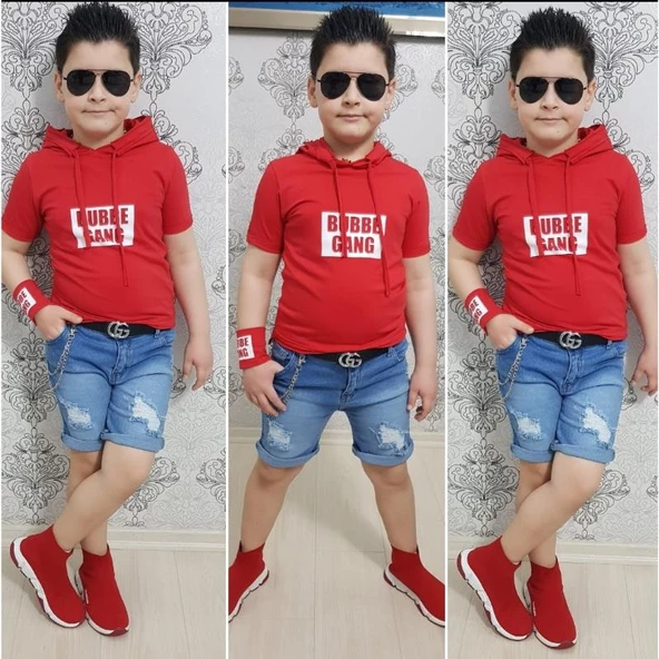 MODAVALS KAPİŞONLU SWEAT BİLEKLİK ZİNCİR AKSESUARLI 4 PARÇA ERKEK ÇOCUK KOT ŞORT KOMBİN - KIRMIZI - 2