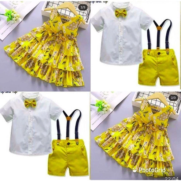MODAVALS LİMON SARI KARDEŞ KOMBİN ÇİÇEKLİ KIZ ÇOCUK ELBİSE & BANDANA KOMBİN - 4