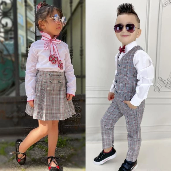 MODAVALS EKOSE KARDEŞ KOMBİN FIRFIR GÖMLEKLİ PAPATYA NAKIŞLI PİLELİ KIZ ÇOCUK ETEKLİ TAKIM - BORDO - 8