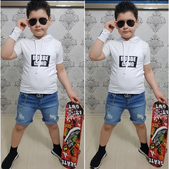 MODAVALS KAPİŞONLU SWEAT BİLEKLİK ZİNCİR AKSESUARLI 4 PARÇA ERKEK ÇOCUK KOT ŞORT KOMBİN - BEYAZ - 3