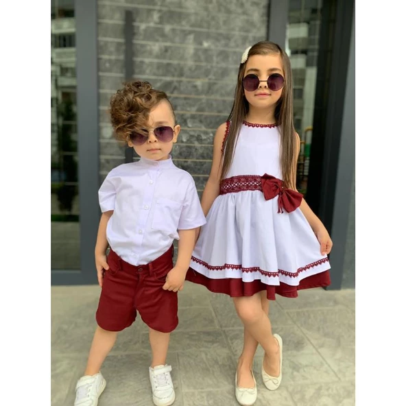 MODAVALS KARDEŞ KOMBİN KETEN ŞORTLU ERKEK ÇOCUK TAKIM - BORDO - 6