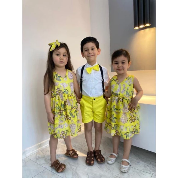 MODAVALS LİMON SARI KARDEŞ KOMBİN ÇİÇEKLİ KIZ ÇOCUK ELBİSE & BANDANA KOMBİN - 5