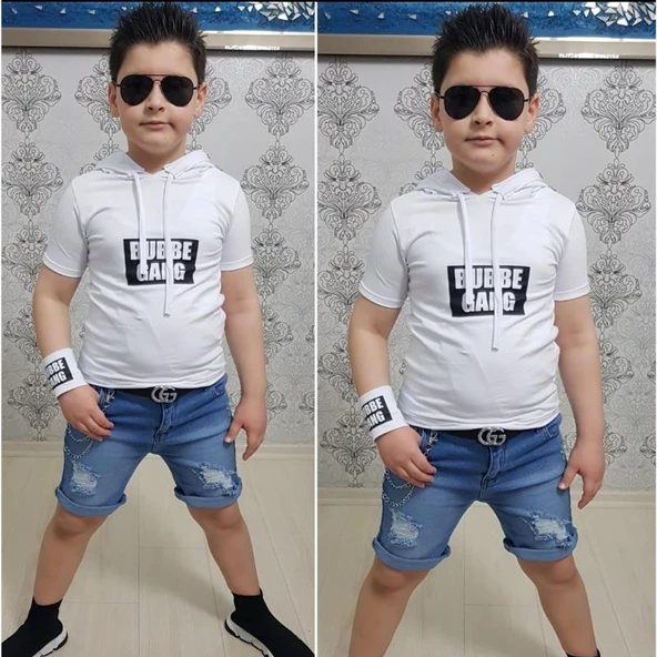 MODAVALS KAPİŞONLU SWEAT BİLEKLİK ZİNCİR AKSESUARLI 4 PARÇA ERKEK ÇOCUK KOT ŞORT KOMBİN - BEYAZ - 5