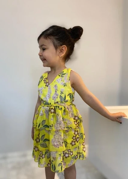MODAVALS LİMON SARI KARDEŞ KOMBİN ÇİÇEKLİ KIZ ÇOCUK ELBİSE & BANDANA KOMBİN - 3