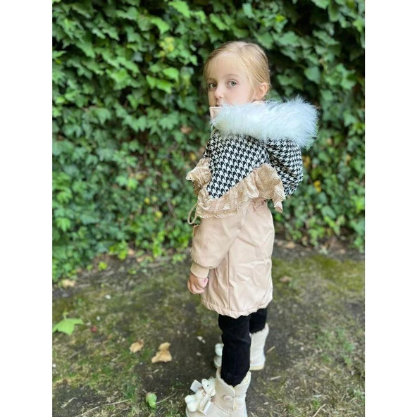 MODAVALS İTHAL KÜRKLÜ KAZ AYAĞI DESENLİ DANTELLİ BELİ BAĞCIKLI KIZ ÇOCUK MONT - BEJ - 5