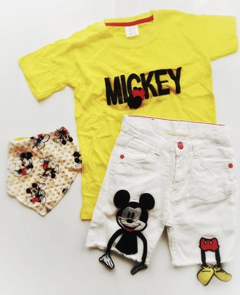 MODAVALS MICKEY APLİKELİ DERİ DETAYLI BOYUNLUKLU BEYAZ KOT ŞORTLU ERKEK ÇOCUK TAKIM - SARI - 2