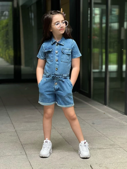 MODAVALS DÜĞME VE CEP DETAYLI KEMERLİ KIZ ÇOCUK KOT ŞORT TULUM - 5