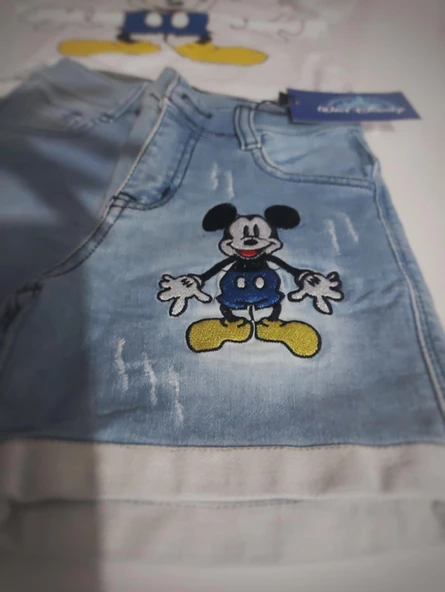 MODAVALS MICKEY NAKIŞLI LAZER KESİ DETAYLI ERKEK ÇOCUK KOT ŞORTLU TAKIM - MAVİ - 4