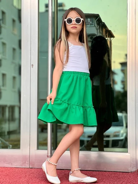 MODAVALS DANTEL DETAYLI BLUZ VE FIRFIRLI ETEK KIZ ÇOCUK KOMBİN - YEŞİL - 6