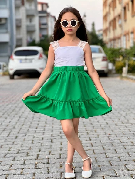 MODAVALS DANTEL DETAYLI BLUZ VE FIRFIRLI ETEK KIZ ÇOCUK KOMBİN - YEŞİL - 2