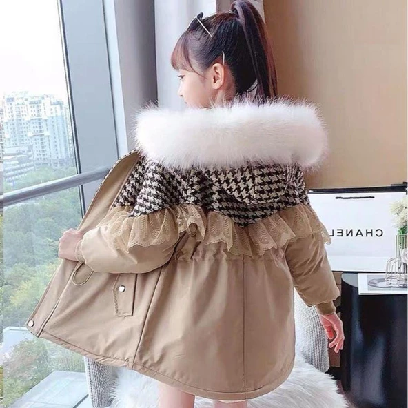 MODAVALS İTHAL KÜRKLÜ KAZ AYAĞI DESENLİ DANTELLİ BELİ BAĞCIKLI KIZ ÇOCUK MONT - BEJ - 2