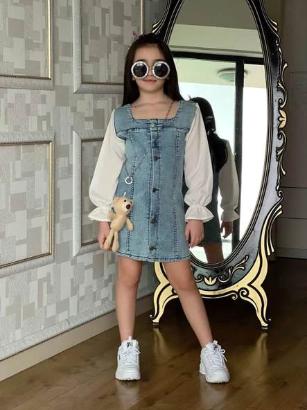 MODAVALS AYICIK AKSESUARLI DÜĞME DETAYLI KIZ ÇOCUK KOT ELBİSE - 5