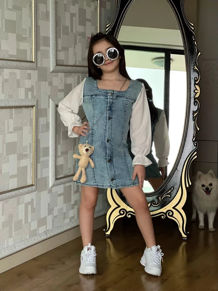 MODAVALS AYICIK AKSESUARLI DÜĞME DETAYLI KIZ ÇOCUK KOT ELBİSE - 2