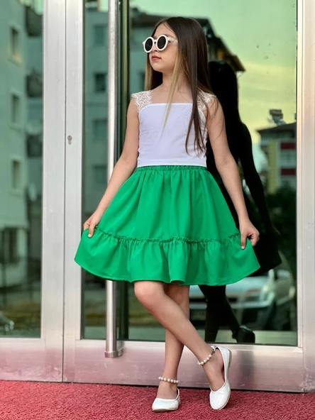 MODAVALS DANTEL DETAYLI BLUZ VE FIRFIRLI ETEK KIZ ÇOCUK KOMBİN - YEŞİL - 4