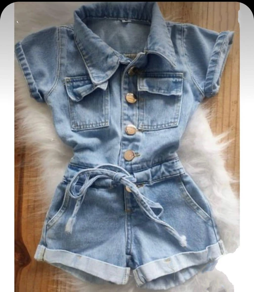 MODAVALS DÜĞME VE CEP DETAYLI KEMERLİ KIZ ÇOCUK KOT ŞORT TULUM - 7