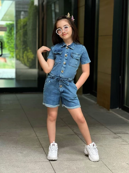 MODAVALS DÜĞME VE CEP DETAYLI KEMERLİ KIZ ÇOCUK KOT ŞORT TULUM - 4