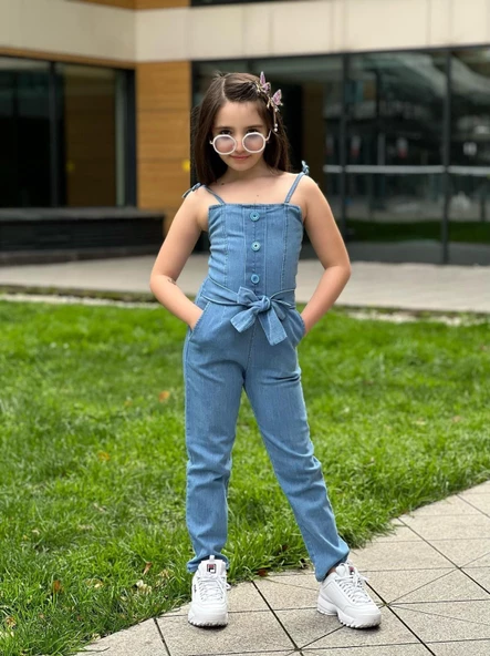 MODAVALS SIRT FERMUAR DETAYLI BEL KUŞAKLI KIZ ÇOCUK KOT TULUM - 6