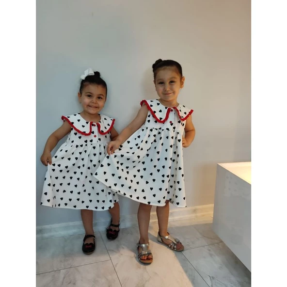 MODAVALS KARDEŞ KOMBİN KIZ ÇOCUK KALP DETAYLI ELBİSE - 2