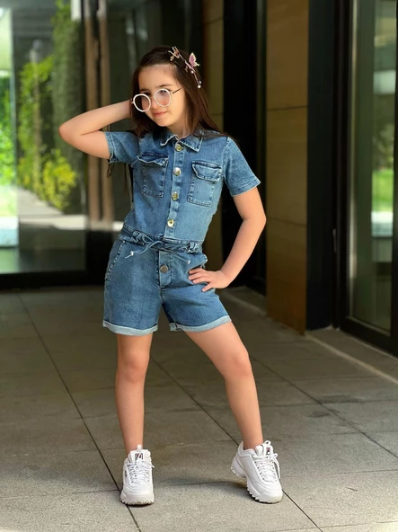 MODAVALS DÜĞME VE CEP DETAYLI KEMERLİ KIZ ÇOCUK KOT ŞORT TULUM - 2