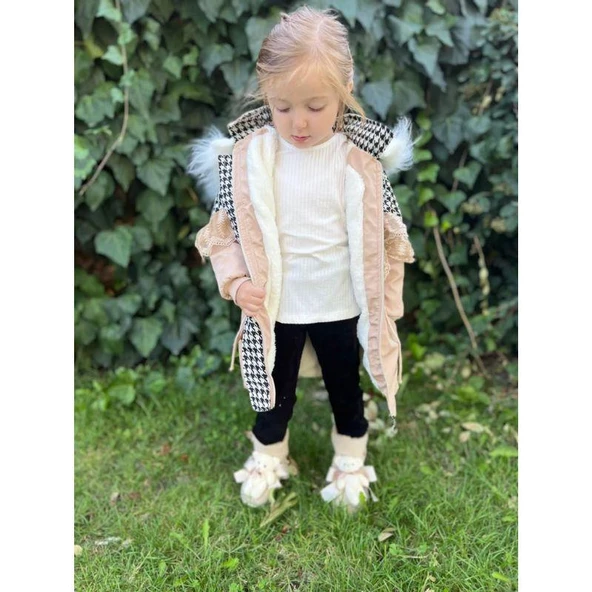 MODAVALS İTHAL KÜRKLÜ KAZ AYAĞI DESENLİ DANTELLİ BELİ BAĞCIKLI KIZ ÇOCUK MONT - BEJ - 4