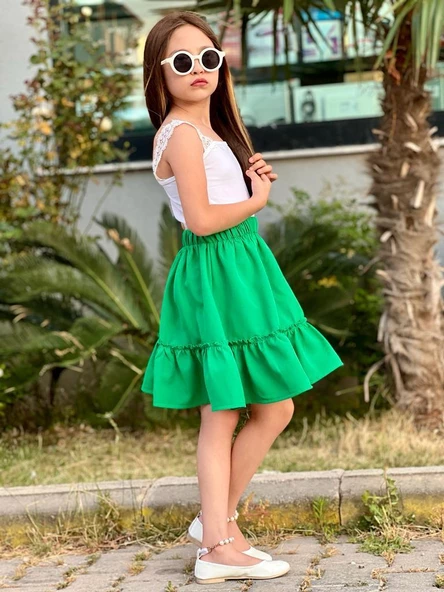 MODAVALS DANTEL DETAYLI BLUZ VE FIRFIRLI ETEK KIZ ÇOCUK KOMBİN - YEŞİL - 7