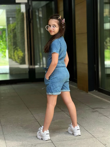 MODAVALS DÜĞME VE CEP DETAYLI KEMERLİ KIZ ÇOCUK KOT ŞORT TULUM - 6