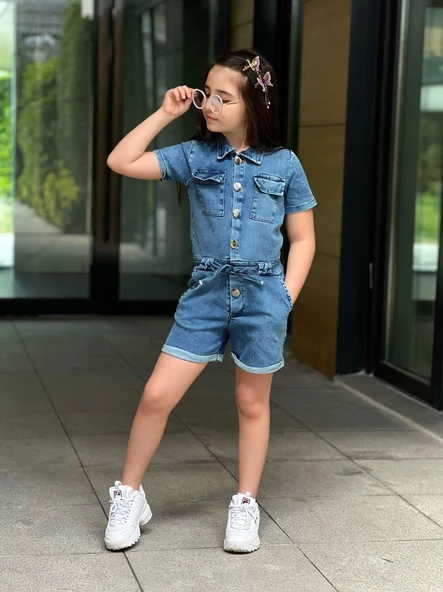 MODAVALS DÜĞME VE CEP DETAYLI KEMERLİ KIZ ÇOCUK KOT ŞORT TULUM - 3