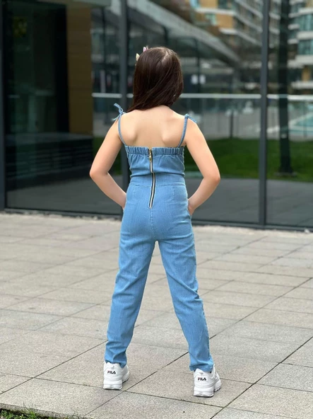 MODAVALS SIRT FERMUAR DETAYLI BEL KUŞAKLI KIZ ÇOCUK KOT TULUM - 7