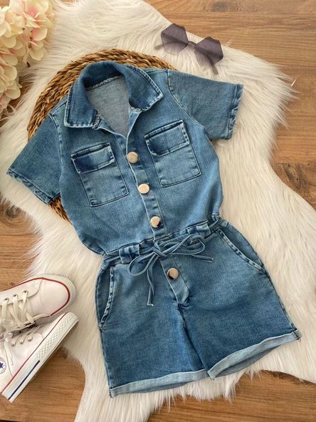 MODAVALS DÜĞME VE CEP DETAYLI KEMERLİ KIZ ÇOCUK KOT ŞORT TULUM - 10