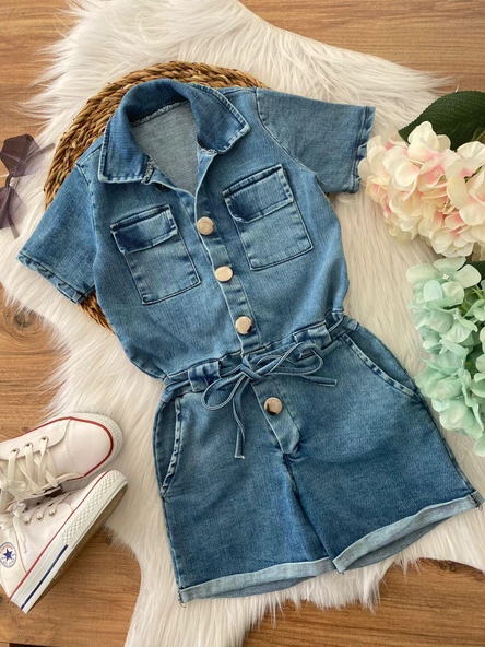 MODAVALS DÜĞME VE CEP DETAYLI KEMERLİ KIZ ÇOCUK KOT ŞORT TULUM - 8