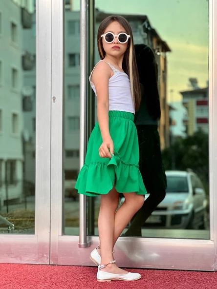 MODAVALS DANTEL DETAYLI BLUZ VE FIRFIRLI ETEK KIZ ÇOCUK KOMBİN - YEŞİL - 9