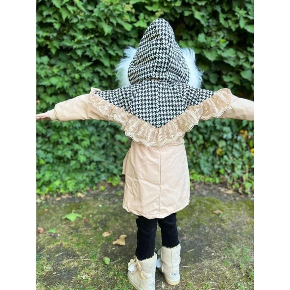 MODAVALS İTHAL KÜRKLÜ KAZ AYAĞI DESENLİ DANTELLİ BELİ BAĞCIKLI KIZ ÇOCUK MONT - BEJ - 8