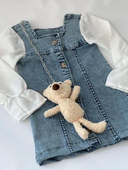 MODAVALS AYICIK AKSESUARLI DÜĞME DETAYLI KIZ ÇOCUK KOT ELBİSE - 9