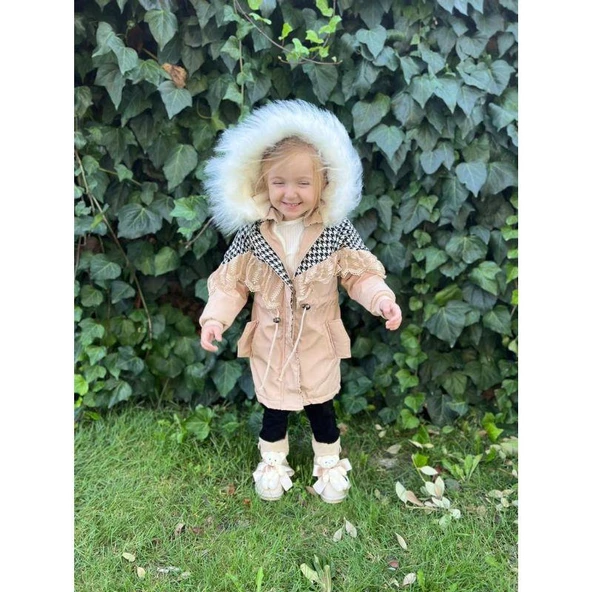 MODAVALS İTHAL KÜRKLÜ KAZ AYAĞI DESENLİ DANTELLİ BELİ BAĞCIKLI KIZ ÇOCUK MONT - BEJ - 6