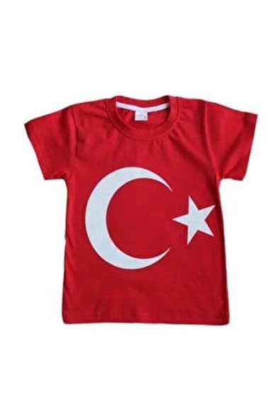 MODAVALS 23 NİSAN 19 MAYIS 29 EKİM 10 KASIM OKUL GÖSTERİ UNISEX GARSON BOY AY YILDIZ BASKILI KISA KOL TSHIRT - KIRMIZI - 3