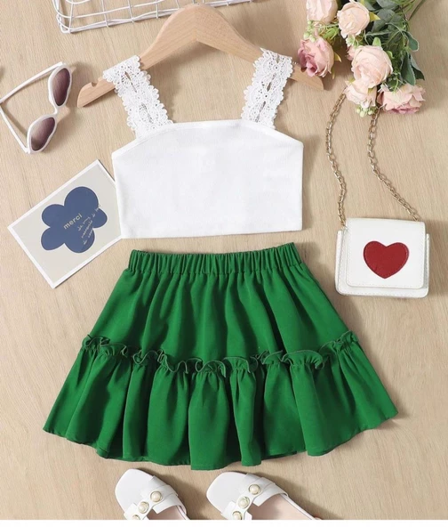 MODAVALS DANTEL DETAYLI BLUZ VE FIRFIRLI ETEK KIZ ÇOCUK KOMBİN - YEŞİL - 5