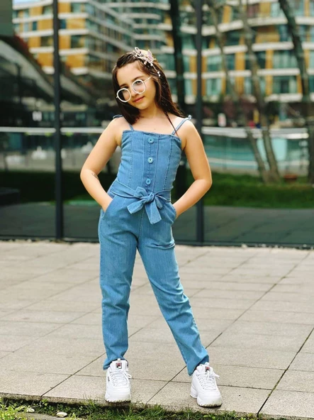 MODAVALS SIRT FERMUAR DETAYLI BEL KUŞAKLI KIZ ÇOCUK KOT TULUM - 3