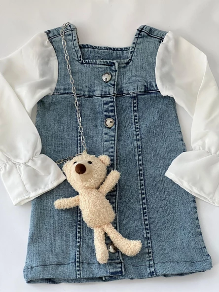 MODAVALS AYICIK AKSESUARLI DÜĞME DETAYLI KIZ ÇOCUK KOT ELBİSE - 10