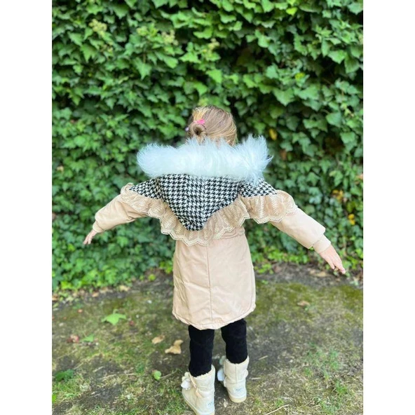 MODAVALS İTHAL KÜRKLÜ KAZ AYAĞI DESENLİ DANTELLİ BELİ BAĞCIKLI KIZ ÇOCUK MONT - BEJ - 7