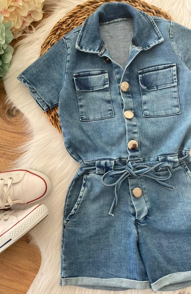 MODAVALS DÜĞME VE CEP DETAYLI KEMERLİ KIZ ÇOCUK KOT ŞORT TULUM - 9